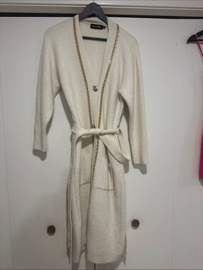 Retrofete Ivory Long Belted Cardigan with Gold Trim